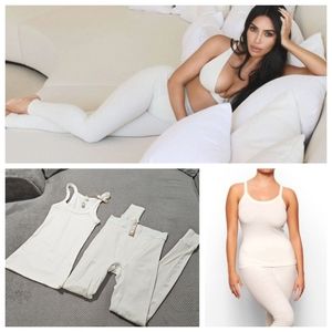 SKIMS 2pc Set in Bone Cotton Ribbed Leggings & Strappy logo pointelle Tank Top